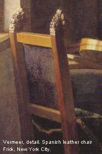 Tegenover Uit Scheiden stoel, spaanse stoel, spaans leer, leeuwekopje; 17de eeuw; Vermeer van  Delft; illustratie uit poppenhuis rijksmuseum amsterdam